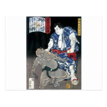 Sumo wrestler choking an enemy c. 1867 post card