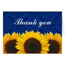 Sunflower Blue Damask Thank You Greeting Card