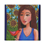 Sunflower forest, Lady & Red Bird - magnet