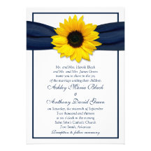 Sunflower Navy Blue Ribbon Wedding Invitation