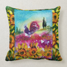 SUNFLOWERS AND BLACK ROOSTER THROW PILLOWS