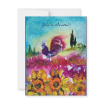 SUNFLOWERS AND BLACK ROOSTER ,yellow red purple invitations