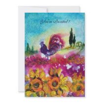 SUNFLOWERS AND BLACK ROOSTER ,yellow red purple