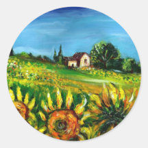SUNFLOWERS AND COUNTRYSIDE IN TUSCANY ROUND STICKERS