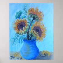 Sunflowers in an azure Vase Poster