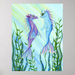 Sunrise Swim, Sea Dragon & Mermaid Cat Fantasy Art Poster