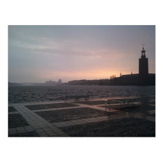 Sunset in rain over Stockholm City Hall Postcard