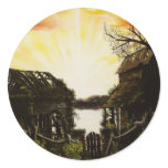 Sunset oil painting with old buildings round stickers