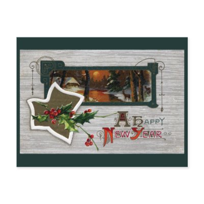 Sunset on Lake, Deer and Holly Vintage New Year Post Cards