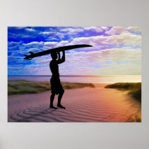 Sunset Surfer Sand and Clouds Posters