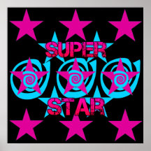 Super Star Hot Pink Teal Swirls Stars Pattern Print