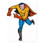 superhero caped male running flying punching post cards