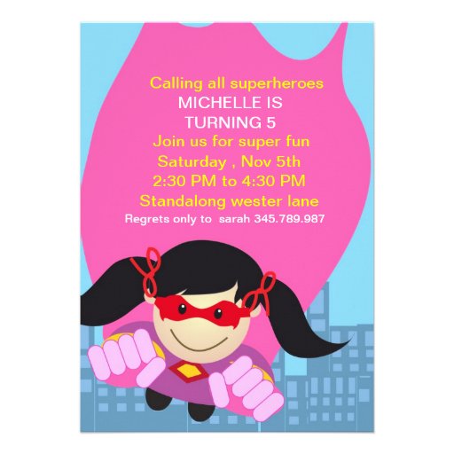 Superhero girl Birthday Invitation for the super b