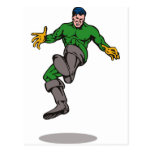 superhero male running punching cartoon post card