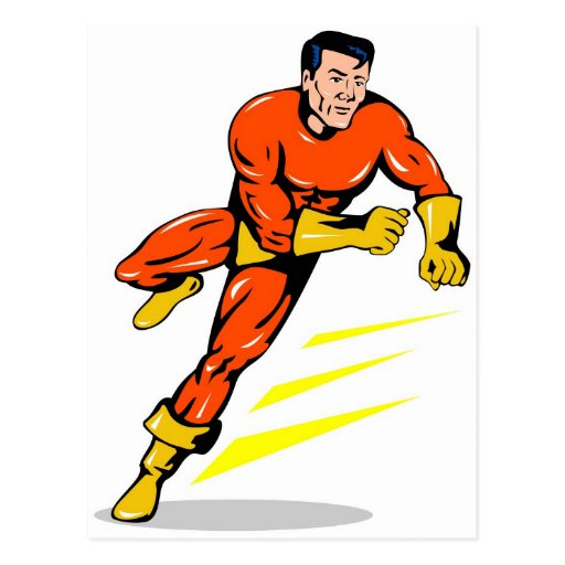 superhero male running punching cartoon post cards