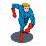 superhero male running punching cartoon postcard