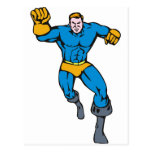 superhero male running punching cartoon postcards