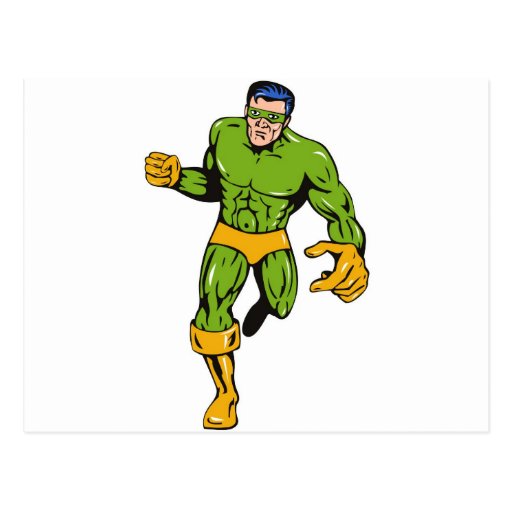 superhero male running punching cartoon postcards