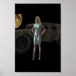 Supermodel standing in moonlight before a hummer posters