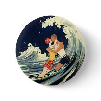 Surfer Lovers Kissing Vintage Illustration