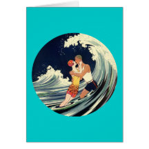 Surfer Lovers Kissing Vintage Illustration Greeting Cards
