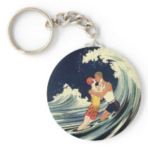 Surfer Lovers Kissing Vintage Illustration