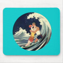 Surfer Lovers Kissing Vintage Illustration