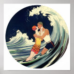 Surfer Lovers Kissing Vintage Illustration posters