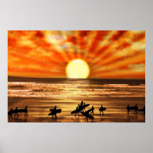 surfers walking on sunset beach poster