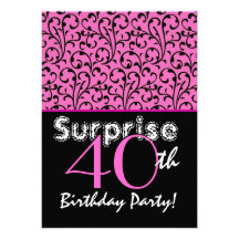 SURPRISE 40th Birthday Bright Pink Black Swirls Personalised Announcement