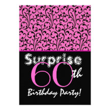 SURPRISE 60th Birthday Bright Pink Black Swirls Personalised Announcement
