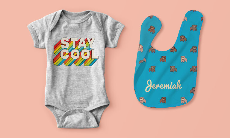 Browse our Baby Boutique section to find customizable baby bodysuits, baby bibs, and more!