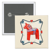Swedish Dala Horse Folk Art Framed Button