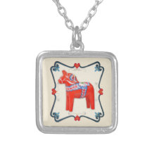 Swedish Dala Horse Folk Art Framed Necklace