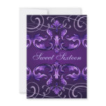Sweet16 Dark Purple Damask & Tiara Birthday Invite invitations