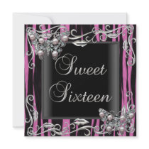Sweet 16 Birthday Butterfly Zebra Black Pink Announcement