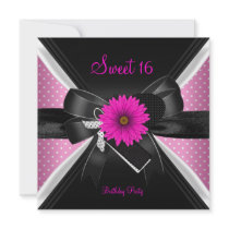 Sweet 16 Birthday Polka Dot  Black White Pink 2 Custom Invitation