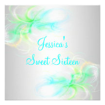 Sweet 16 Birthday Silver & Blue Green Swirls Custom Announcements