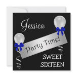 Sweet 16 Black White Silver Blue Bows Balloons invitations