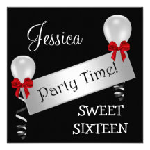 Sweet 16 Black White Silver Red Bows Balloons Personalized Invite