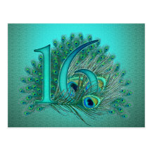 Sweet 16 elegant peacock feather template postcard