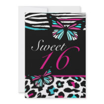 Sweet 16 Invitation Bright Butterfly & Zebra Print