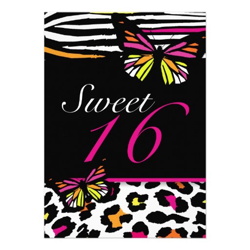 Sweet 16 Invitation Bright Butterfly & Zebra Print