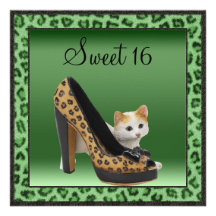 Sweet 16 Kitten & Leopard Shoe Green Fur Texture Personalized Announcement