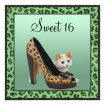 Sweet 16 Kitten & Leopard Shoe Green Fur Texture Personalized Invitation