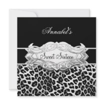 Sweet 16 Party Elegant Black White Leopard Custom Announcements