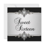 Sweet 16 Silver White Metal Black Diamond Jewel invitations