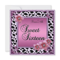 Sweet 16 Sixteen Birthday Pink Flower Pink Black Announcements