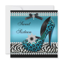 Sweet 16 Sixteen Blue Black Zebra Leopard Invitations