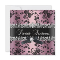 Sweet 16 Sixteen Damask Pink Black Silver Floral Personalized Invitation